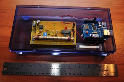 Gieger counter along with Arduino mounted in plastic box
