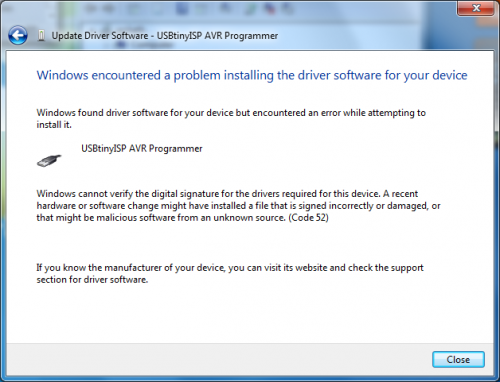 Windows USBTiny unsigned driver error
