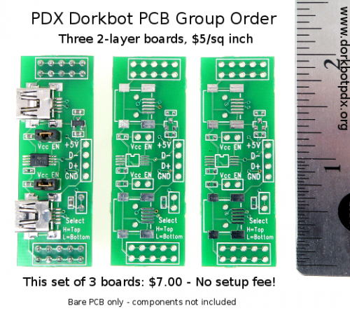 Three 2-layer  boards, $5/sq inch.  No setup fee!